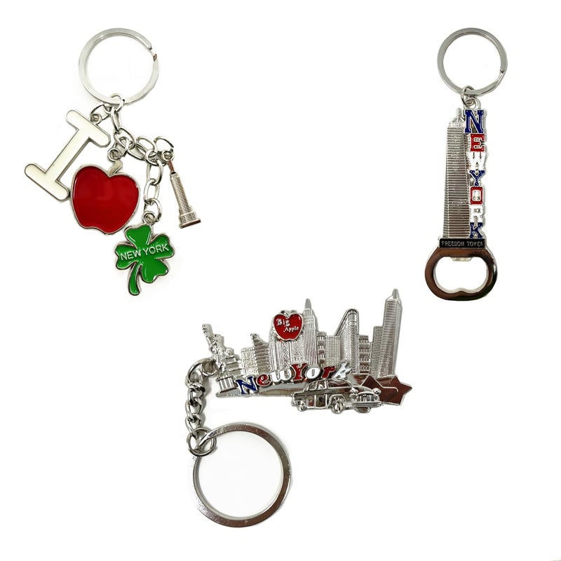 TSY TOOL 12 Pack Silver NYC Souvenir Collection New York Metal Keychain Ring Bundle Bulk Includes Empire State, Freedom Tower, Statue Of Liberty, USA Flag,NY Cab, Apple, 3 Pc Bottle Opener too And More - Image 2